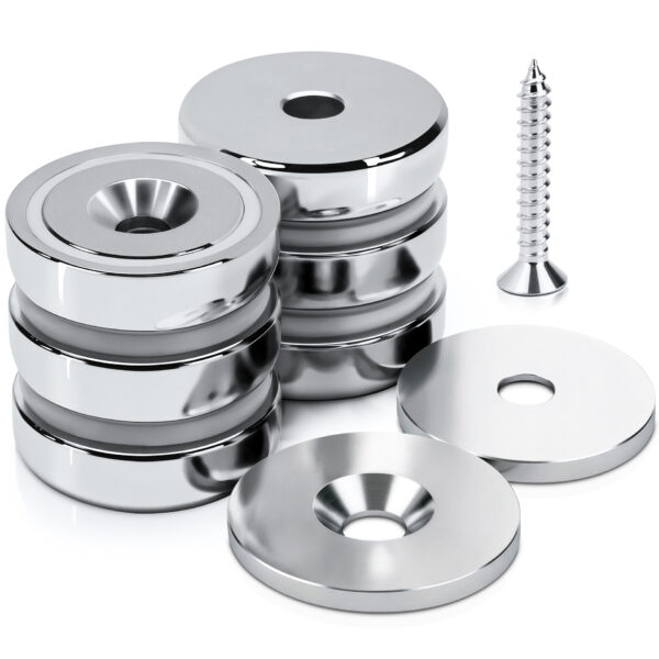 Magnes neodymowy pierścieniowy w obudowie stalowej z otworem pod wkręt 16×5 mm, z podkładkami