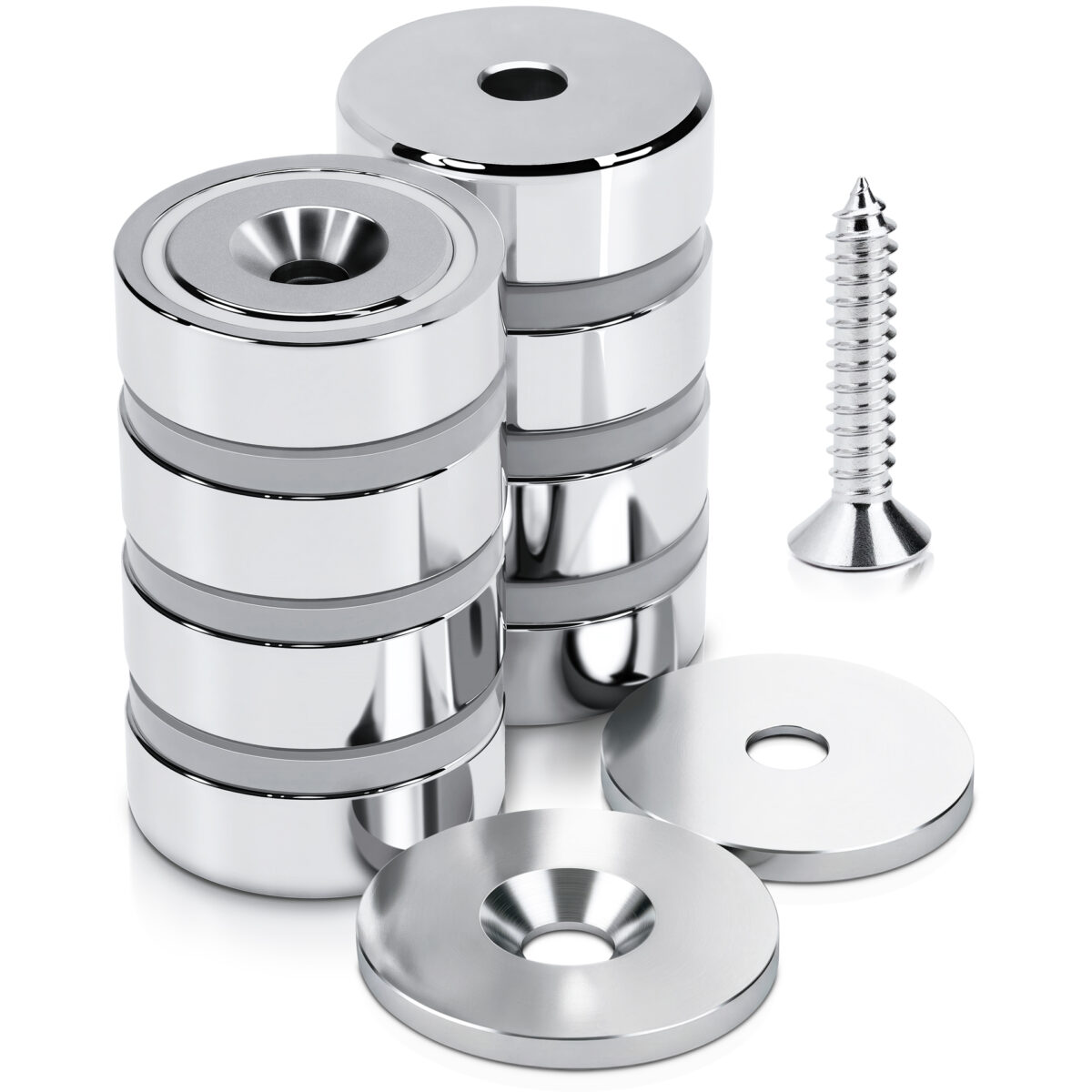 Magnes neodymowy pierścieniowy w obudowie stalowej z otworem pod wkręt 20×7 mm, z podkładkami