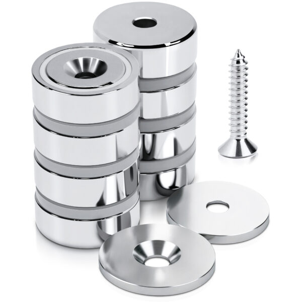 Magnes neodymowy pierścieniowy w obudowie stalowej z otworem pod wkręt 20×7 mm, z podkładkami