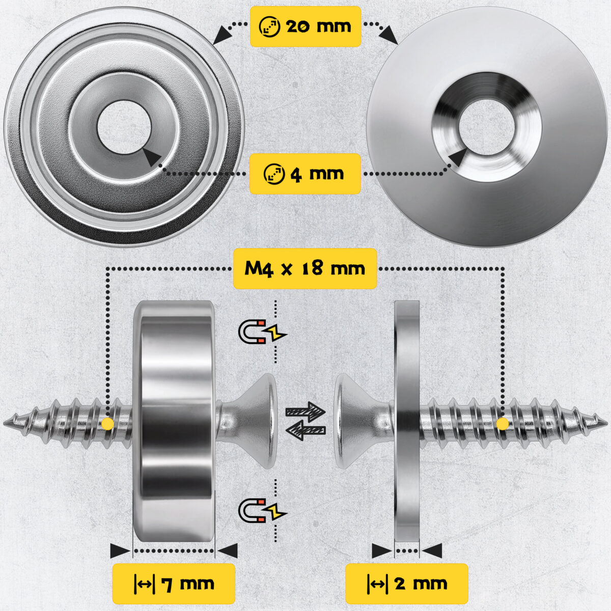 Magnes neodymowy pierścieniowy w obudowie stalowej z otworem pod wkręt 20×7 mm, z podkładkami