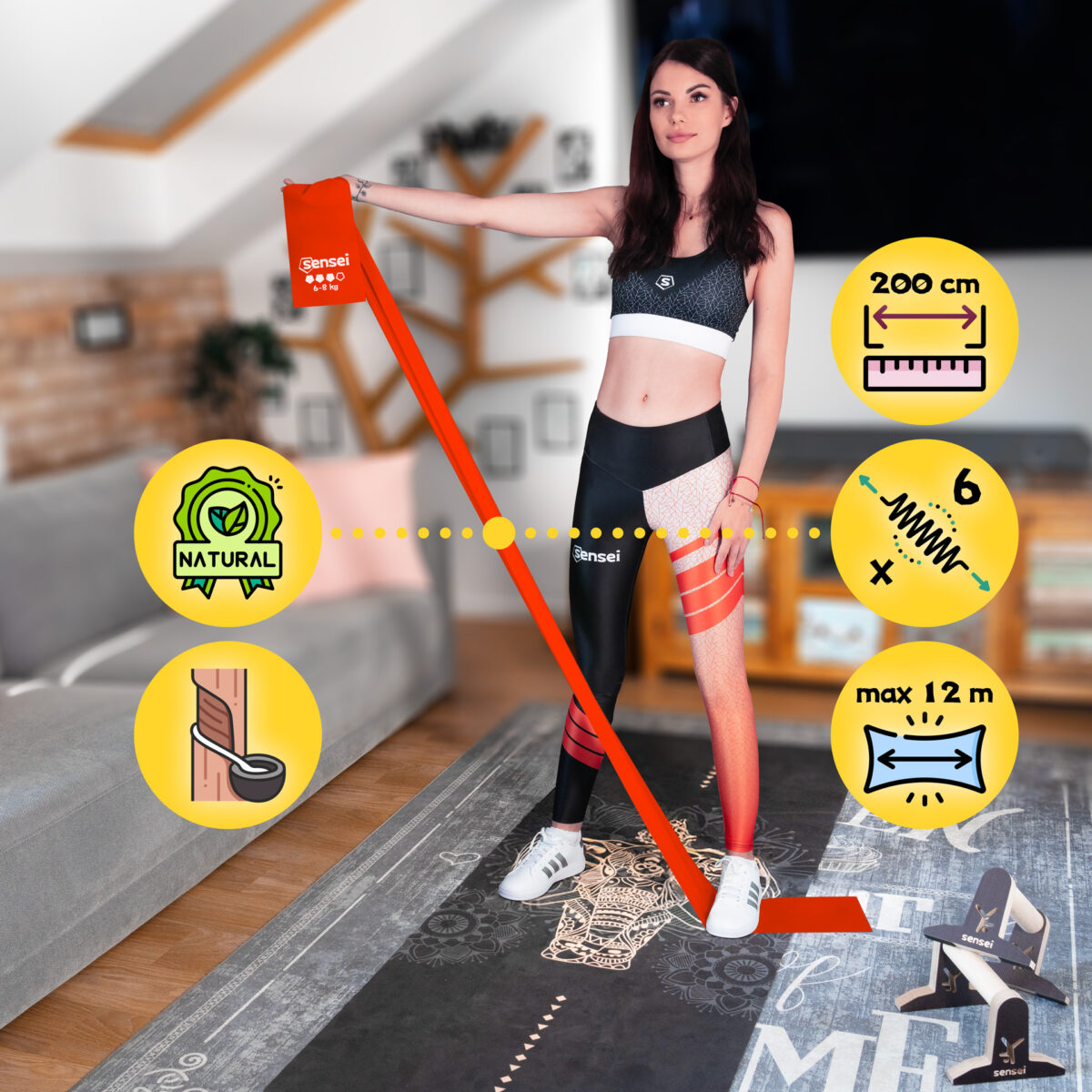 Taśma do ćwiczeń, Rehabilitacji, Jogi, Długa Guma Oporowa 2 m, Siła 6-8 kg