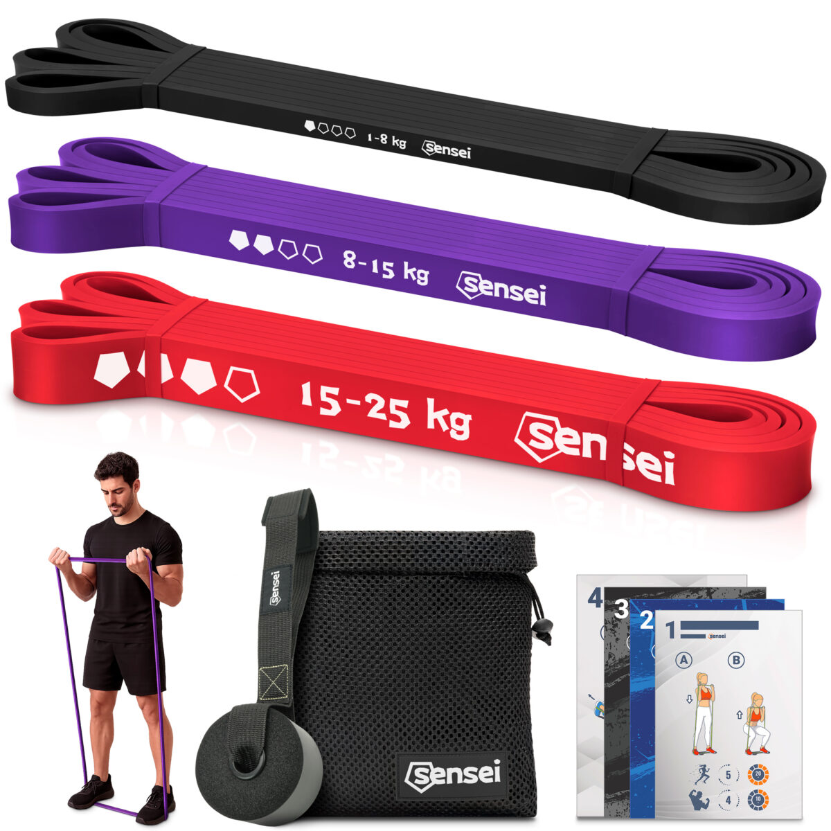 Zestaw 3 gum do ćwiczeń Sensei Power Bands – 1-35 kg + Uchwyt