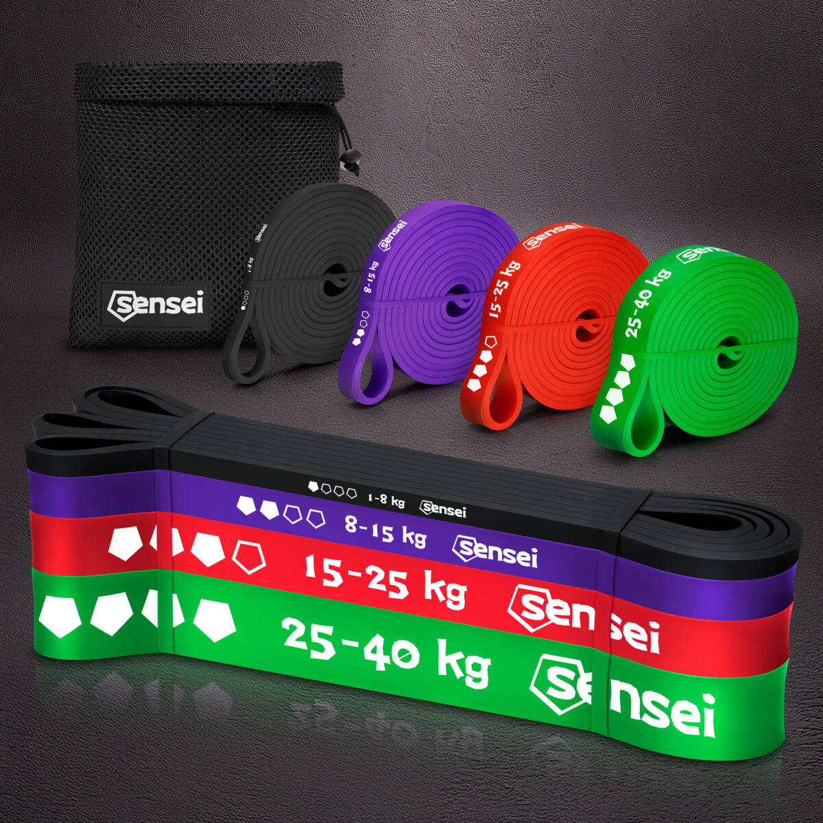 Zestaw 4 gum do ćwiczeń Sensei Power Bands – 1-40 kg Zestaw 4 gum do ćwiczeń Sensei Power Bands – 1-40 kg