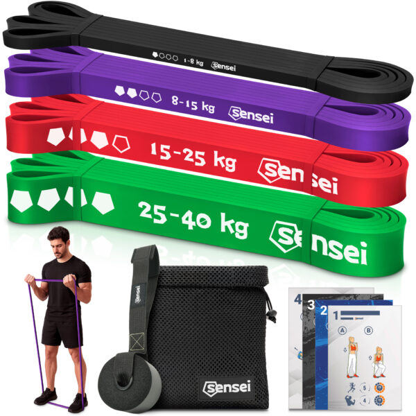 Zestaw 4 gum do ćwiczeń Sensei Power Bands – 1-40 kg + Uchwyt