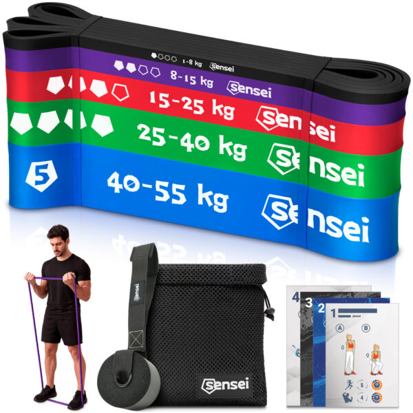 Zestaw 5 gum do ćwiczeń Sensei Power Bands – 1-55 kg + Uchwyt