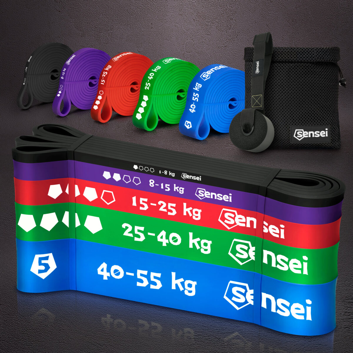 Zestaw 5 gum do ćwiczeń Sensei Power Bands – 1-55 kg + Uchwyt