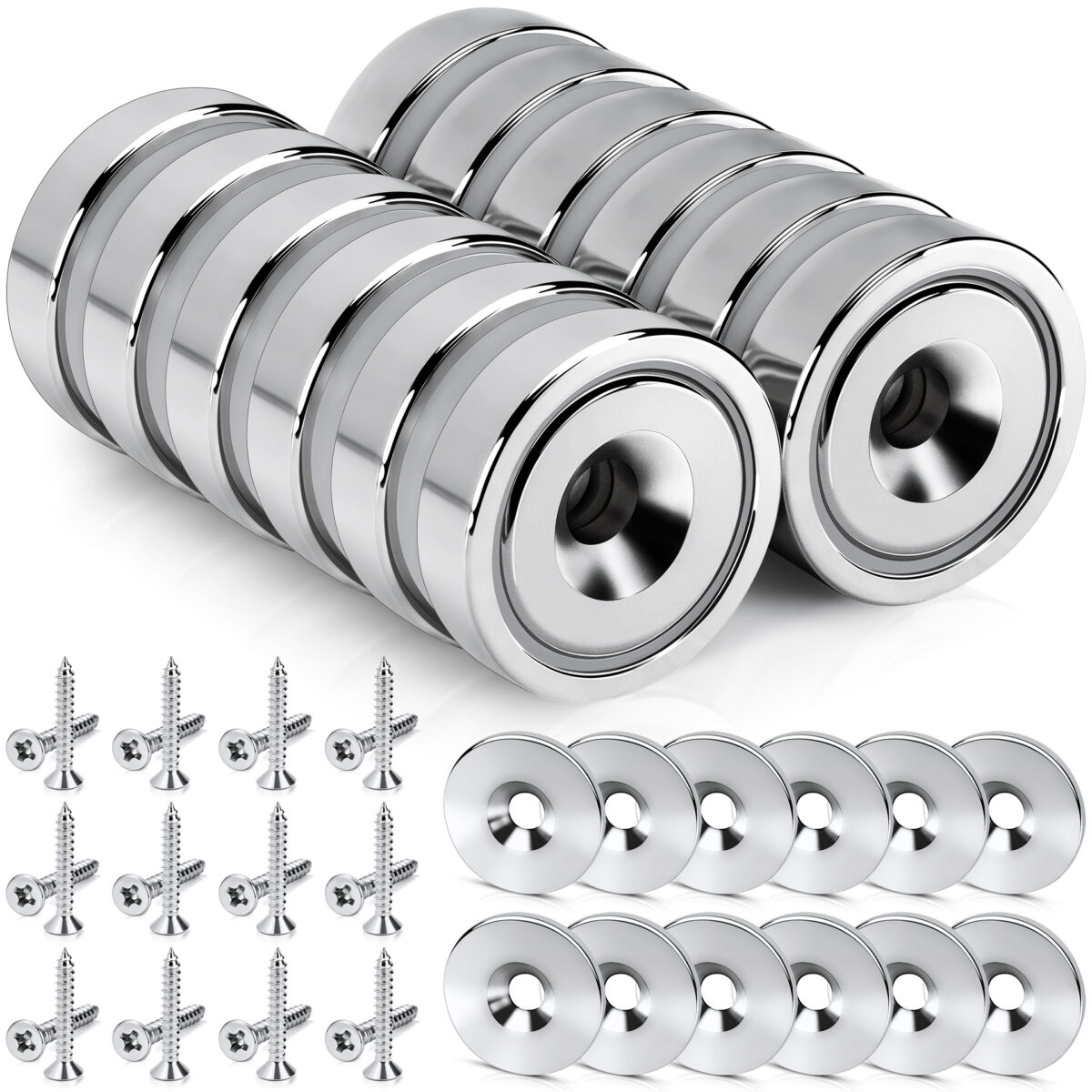 Magnes neodymowy pierścieniowy w obudowie stalowej z otworem pod wkręt 16×5 mm, z podkładkami