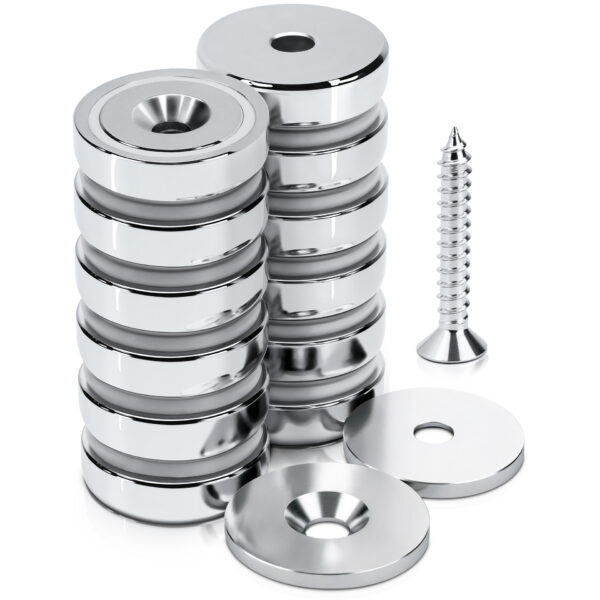 Magnes neodymowy pierścieniowy w obudowie stalowej z otworem pod wkręt 16×5 mm, z podkładkami