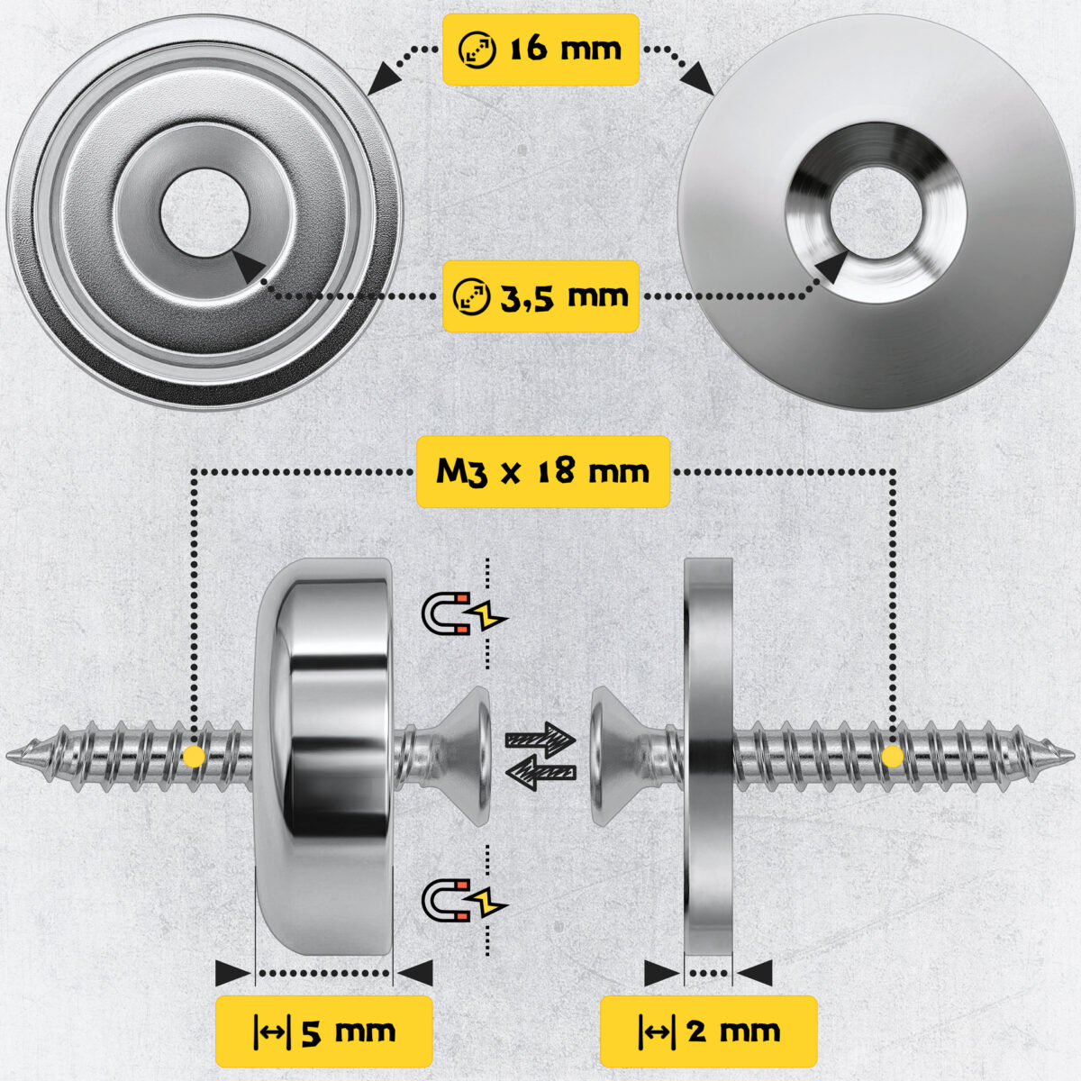 Magnes neodymowy pierścieniowy w obudowie stalowej z otworem pod wkręt 16×5 mm, z podkładkami