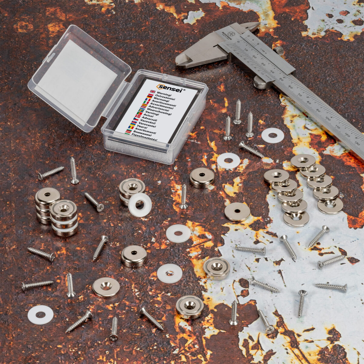 Magnes neodymowy pierścieniowy w obudowie stalowej z otworem pod wkręt 16×5 mm, z podkładkami